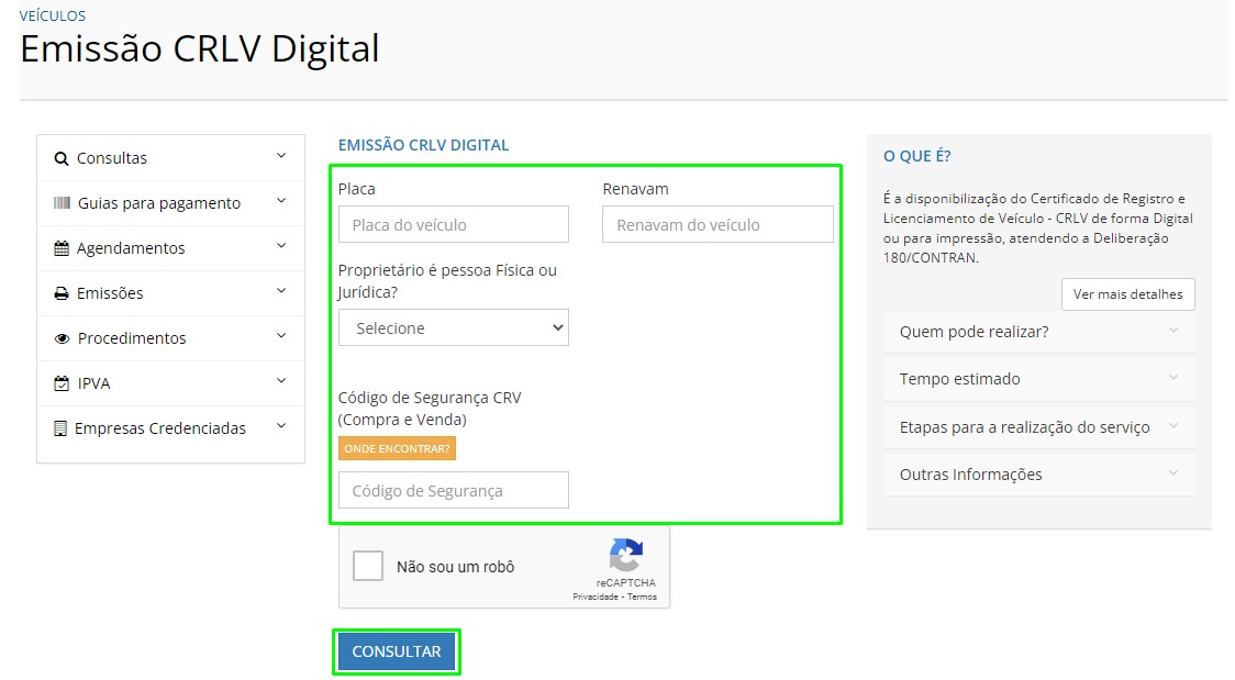 Print Da Tela Mostrando Onde Inserir As Informa Es Do Ve Culo Para