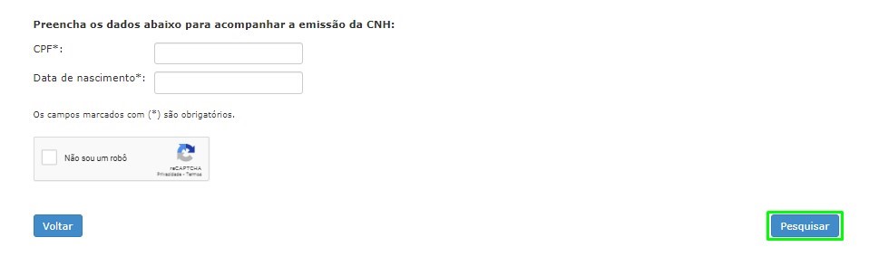 print da tela mostrando onde inserir os dados para acompanhar a emissão