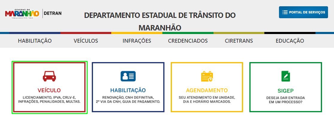 Print da página principal do site do Detran MA mostrando a área de