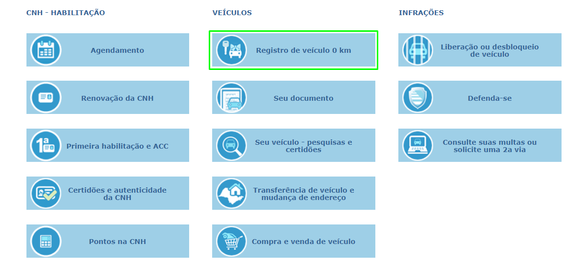 Print da tela mostrando onde encontrar o botão registro de veículo 0