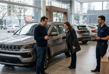 Comprador avaliando um carro seminovo em concessionária enquanto consulta informações do veículo pelo smartphone.