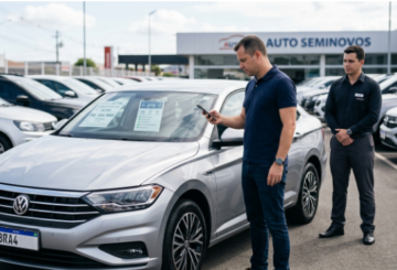 Comprador consulta o histórico de um carro seminovo pelo smartphone antes de concluir a negociação em uma concessionária.