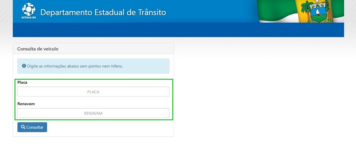Print da tela mostrando a área de consulta de veículos do site do Detran do Rio Grande do Norte.