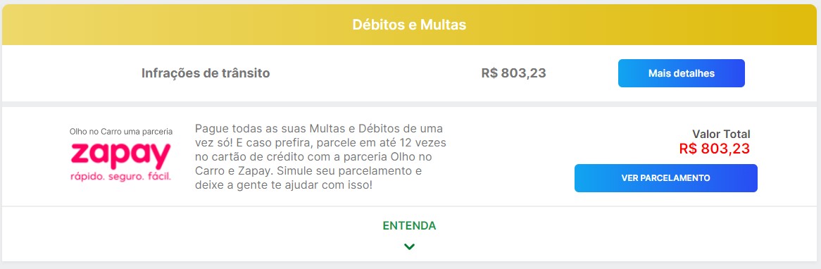 print da tela mostrando a área de parcelamento de débitos do veículo da consulta de débitos e multas das consultas da Olho no Carro