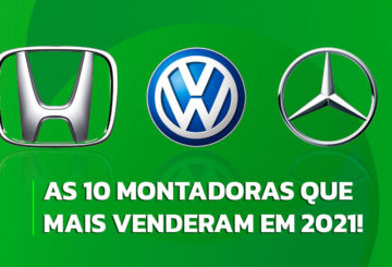 Imagem representativa com logo das marcas de carros mais vendidas em 2021. Neste caso, na imagem aparecem os logos da Honda, Volkswagen e Mercedes.