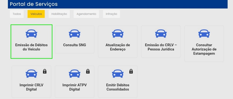 Print da tela mostrando o botão de emissão de débitos do veículo.