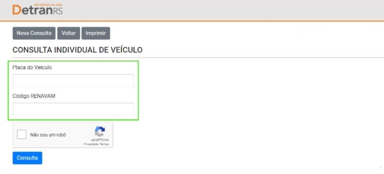 Print da tela mostrando a área de consulta individual de veículo do ...