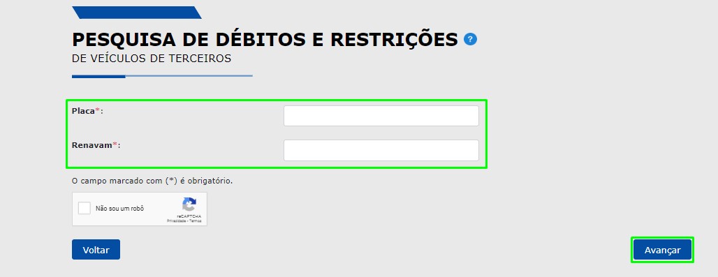 print da tela mostrando onde inserir os dados do veículo para fazer a pesquisa de débitos e restrições de veículos de terceiros no Detran SP