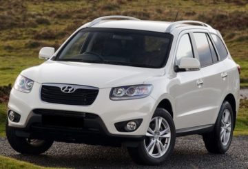 Foto mostrando a dianteira de um Hyundai Santa Fe G2 branco que está estacionado em uma rua de asfalto.