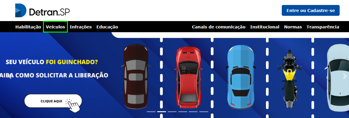 Print da tela mostrando onde acessar a área de veículo no site do Detran SP.