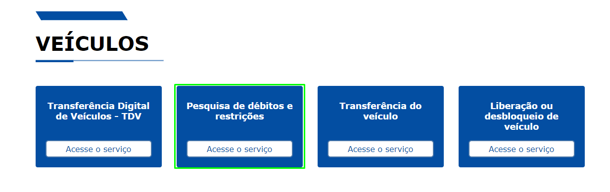 Print da tela mostrando como acessar a pesquisa de débitos e restrições no site do Detran de São Paulo.