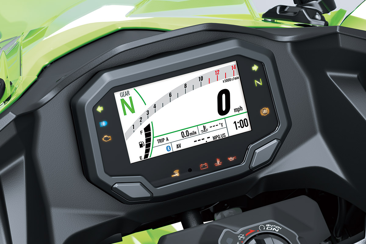 Foto do painel de instrumentos digital da Kawasaki Ninja 500 SE 2025.