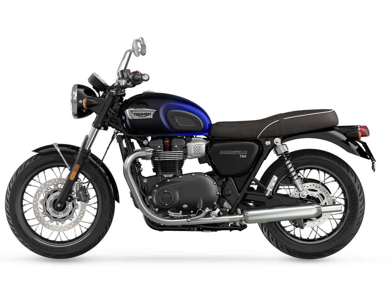 Foto lateral da Triumph Bonneville T100 (2022-2025).